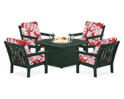 POLYWOOD® Vineyard 5-Piece Conversation Set with Fire Pit Table in Green / Leaf Crimson