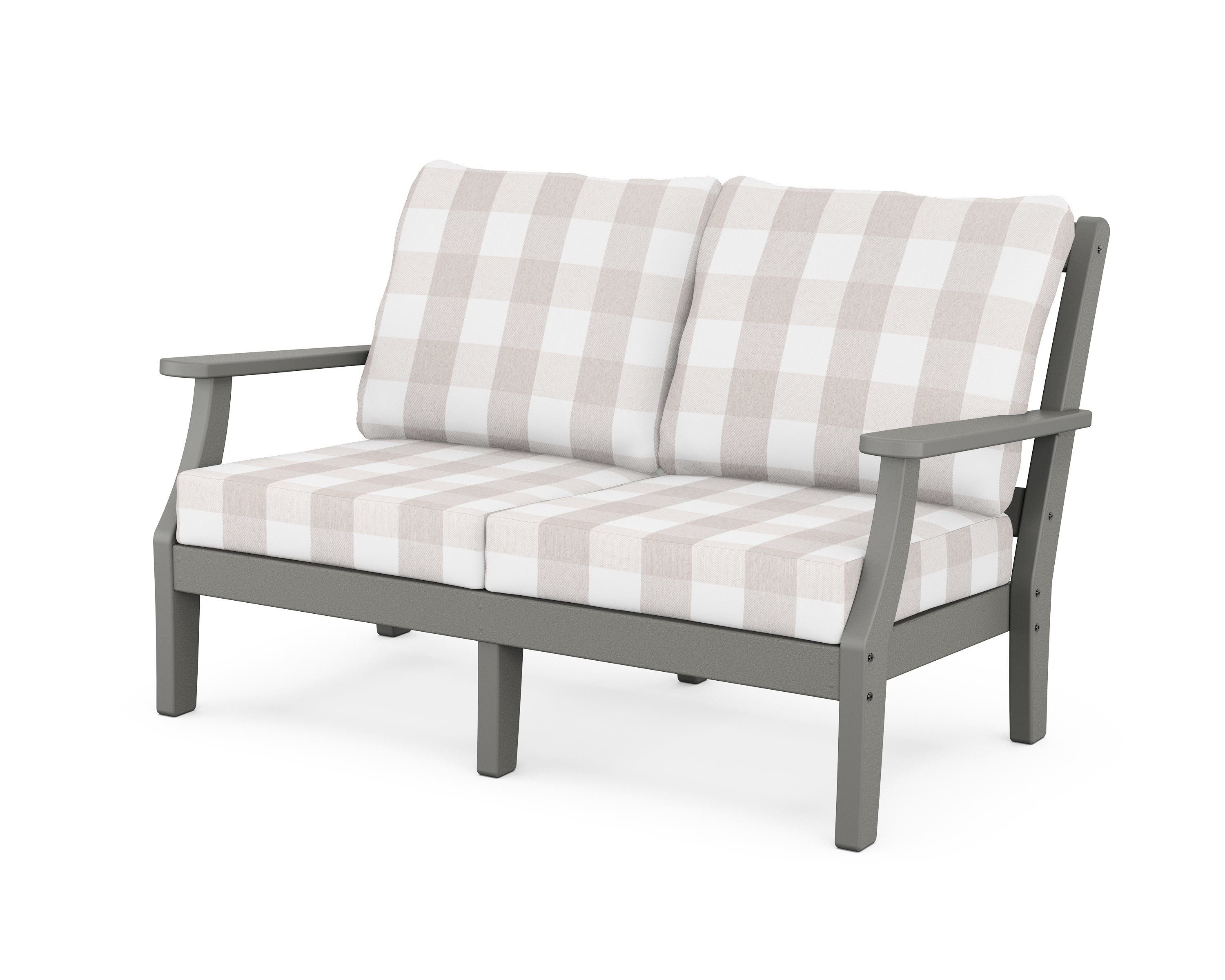 Martha Stewart by POLYWOOD® Chinoiserie Deep Seating Loveseat in Slate Grey / Buffalo Plaid Dune Burlap