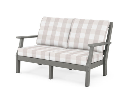 Martha Stewart by POLYWOOD® Chinoiserie Deep Seating Loveseat in Slate Grey / Buffalo Plaid Dune Burlap