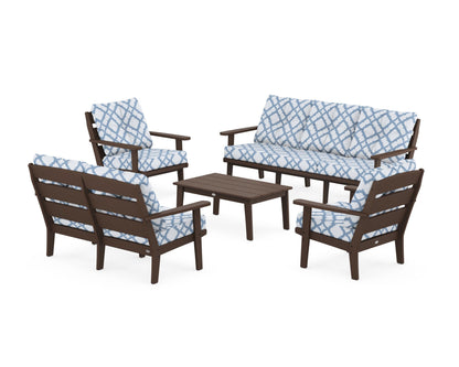 POLYWOOD® Lakeside 5-Piece Lounge Sofa Set in Mahogany / Trellis Sky Blue