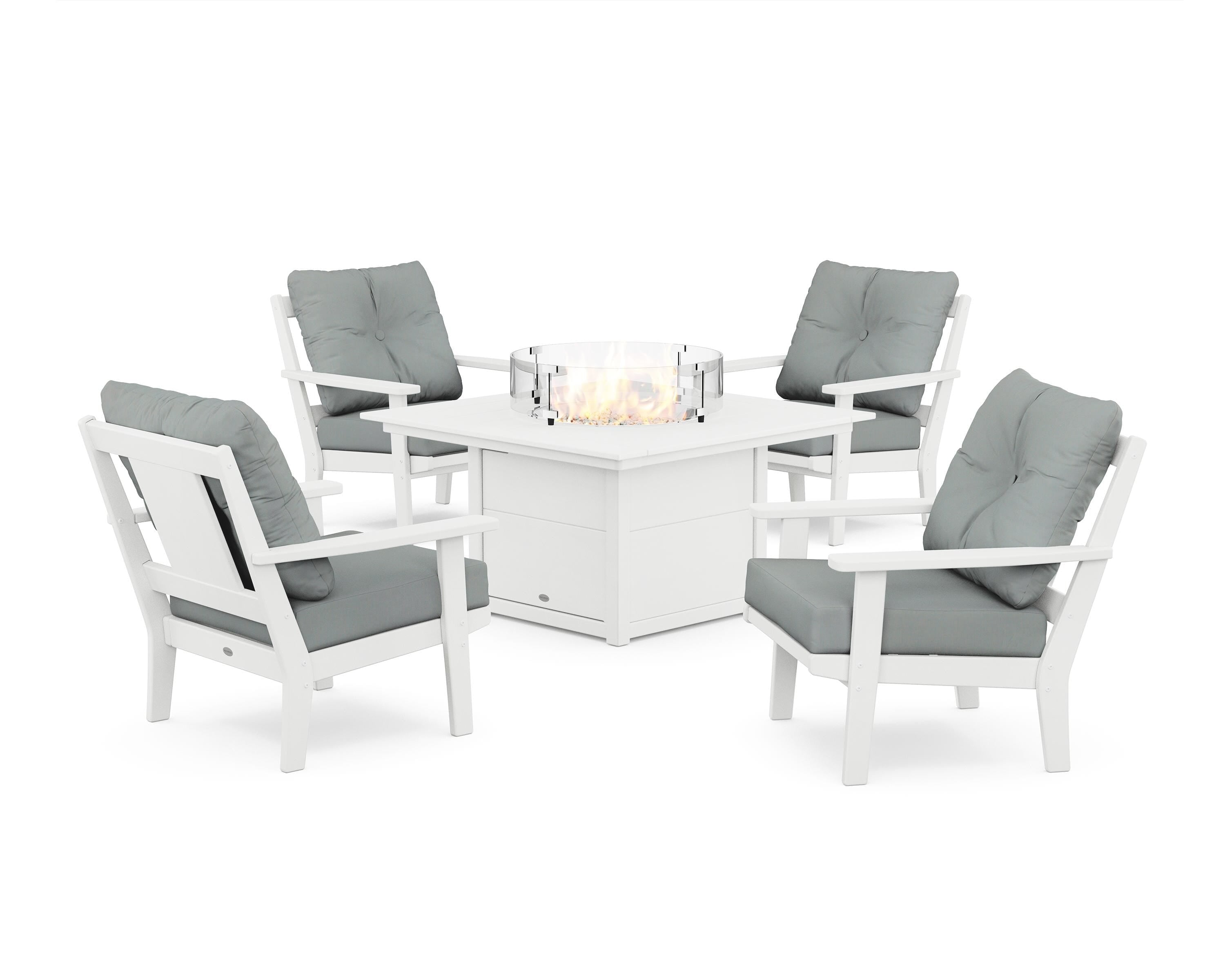 POLYWOOD® Prairie 5-Piece Deep Seating Set with Fire Pit Table in White / Spa