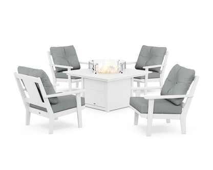POLYWOOD® Prairie 5-Piece Deep Seating Set with Fire Pit Table in White / Spa