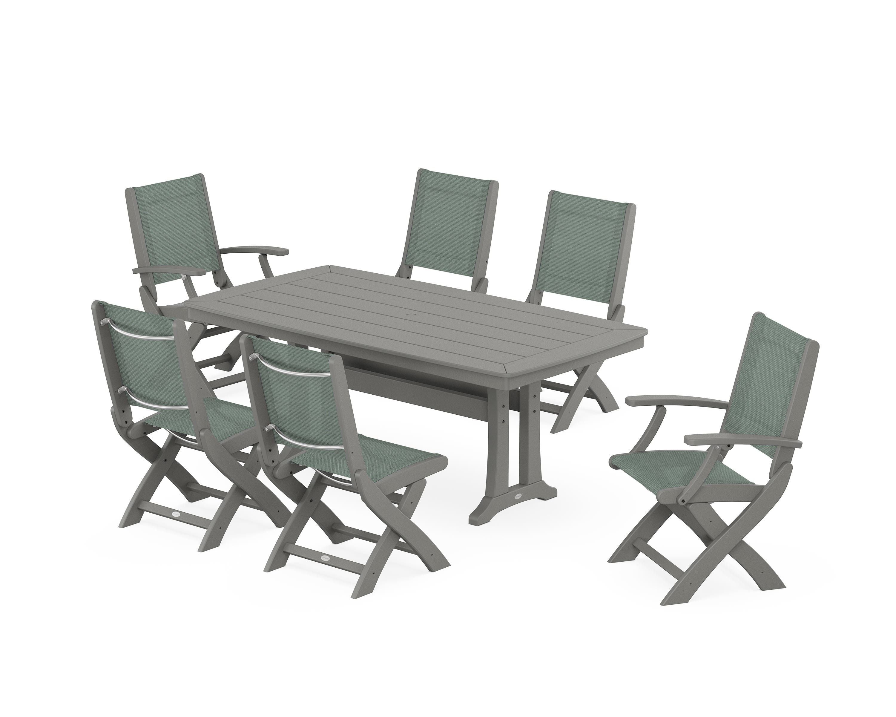 POLYWOOD® Coastal Folding Chair 7-Piece Dining Set with Trestle Legs in Slate Grey / Dupioni Sea Mist Sling