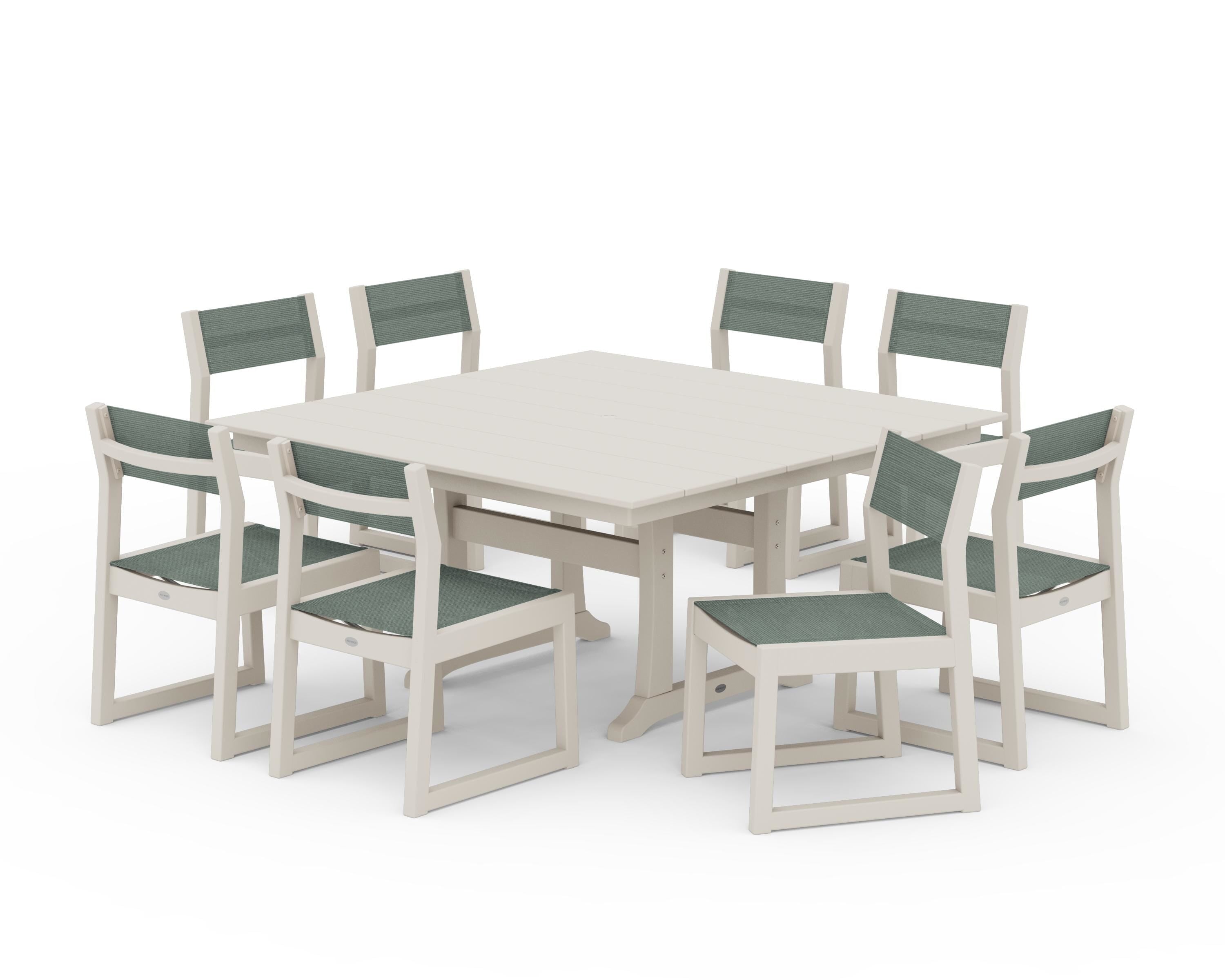 POLYWOOD® EDGE Sling Side Chair 9-Piece Farmhouse Trestle Dining Set in Sand / Dupioni Sea Mist Sling