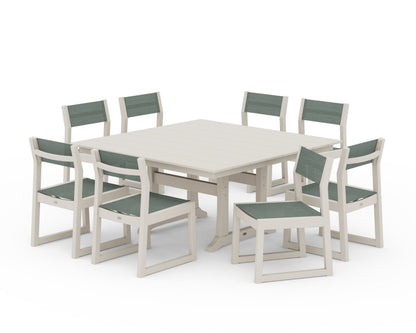 POLYWOOD® EDGE Sling Side Chair 9-Piece Farmhouse Trestle Dining Set in Sand / Dupioni Sea Mist Sling