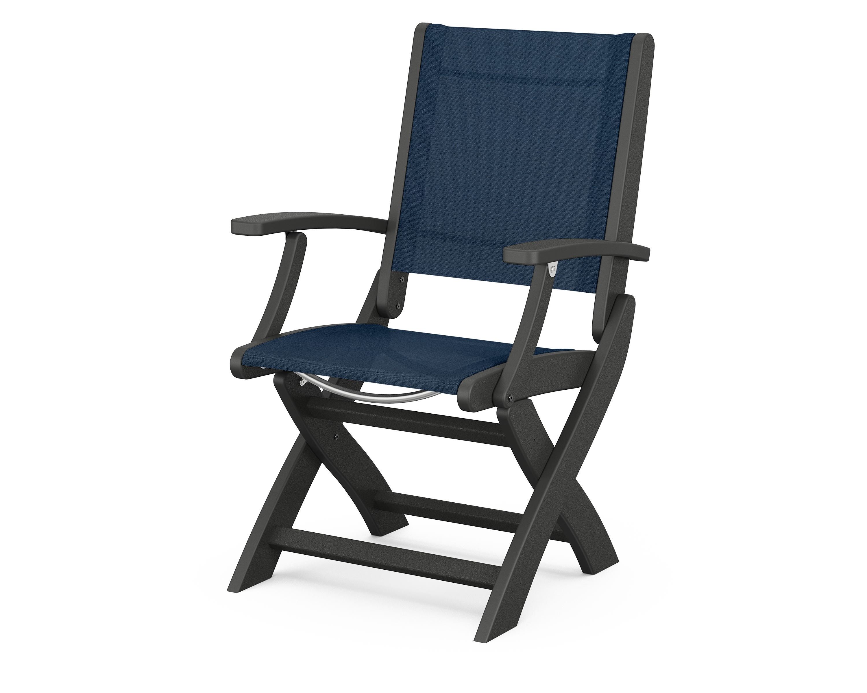 POLYWOOD® Coastal Folding Chair in Black / Navy Blue Sling