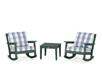 POLYWOOD® Chippendale 3-Piece Deep Seating Rocker Set in Green / Buffalo Plaid Sky Blue