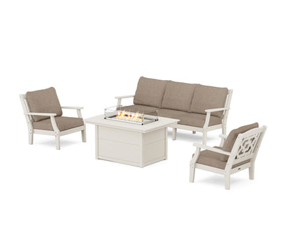 Martha Stewart by POLYWOOD® Chinoiserie Deep Seating Fire Pit Table Set in Sand / Spiced Burlap