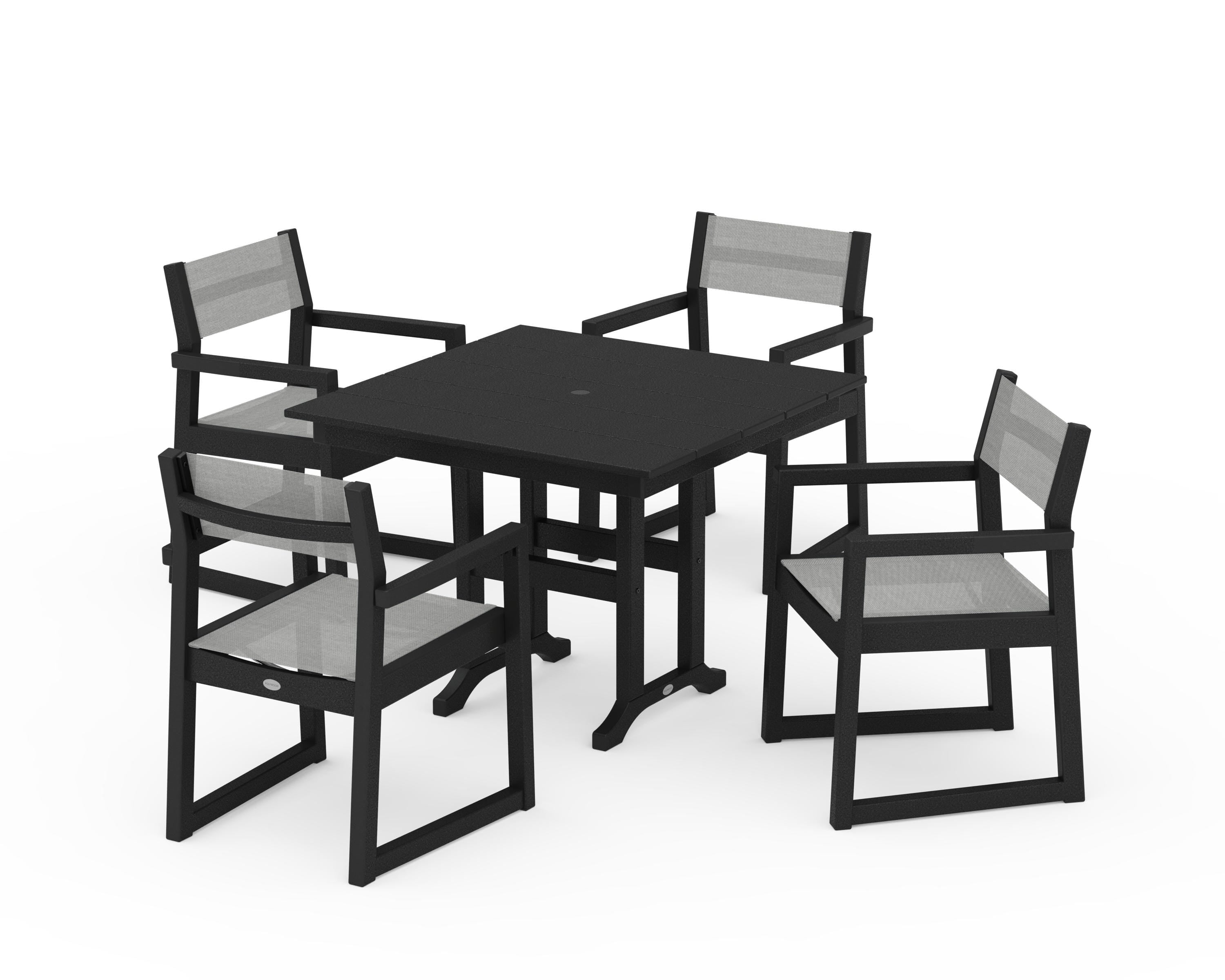 POLYWOOD® EDGE Sling Arm Chair 5-Piece Farmhouse Dining Set in Black / Metallic Sling