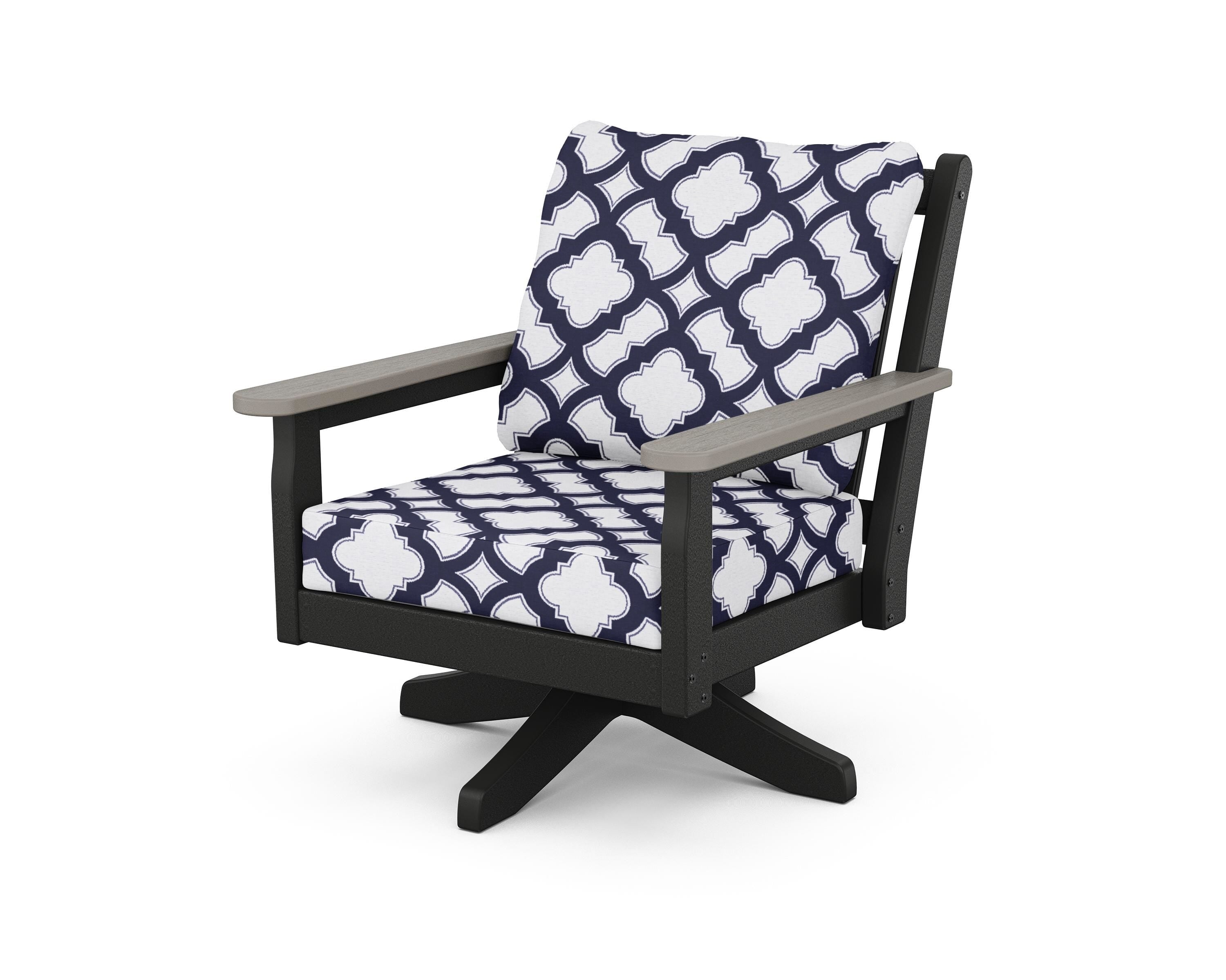 POLYWOOD® Chippendale Deep Seating Swivel Chair in Black / Driftwood / Trellis Navy