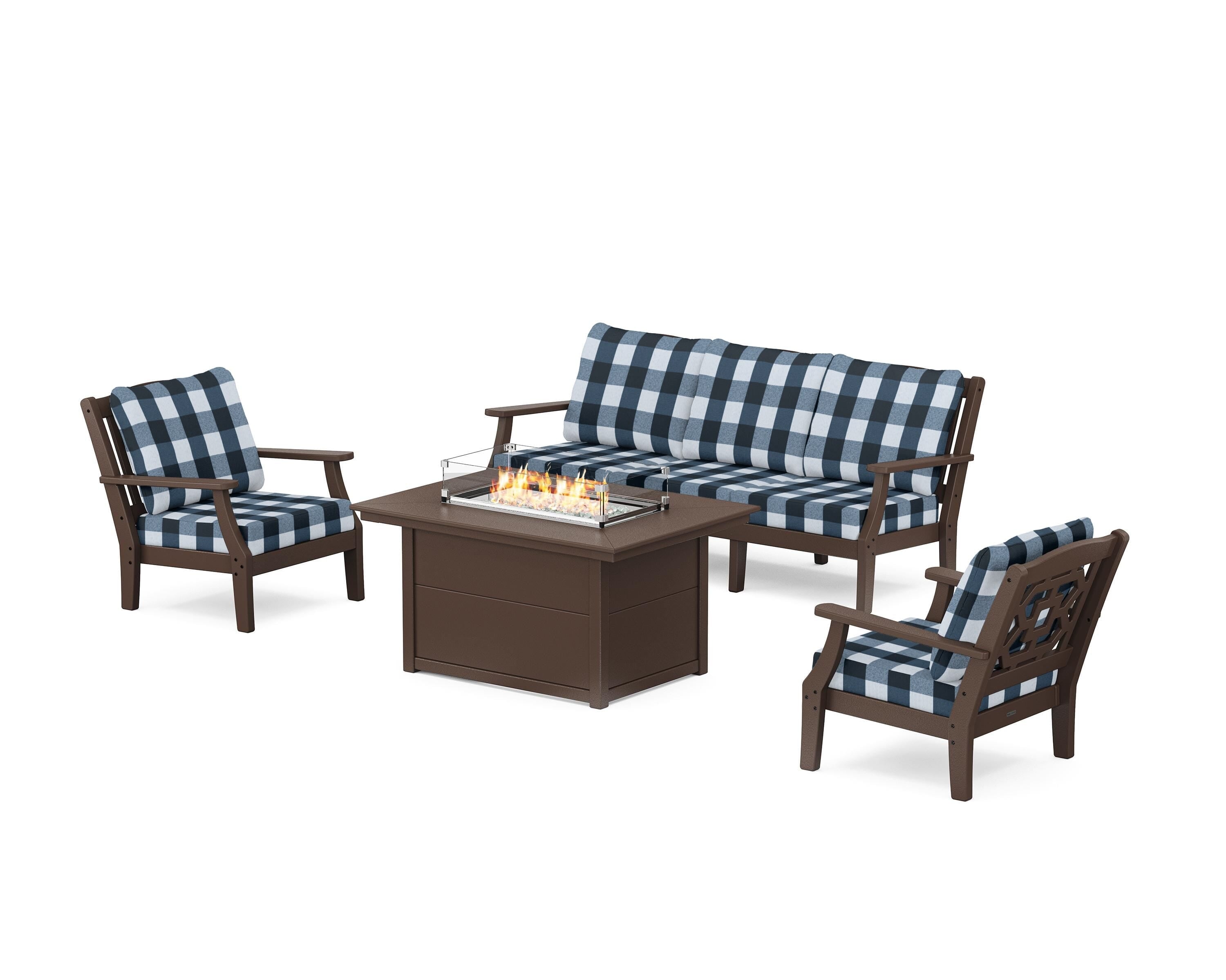 Martha Stewart by POLYWOOD® Chinoiserie Deep Seating Fire Pit Table Set in Mahogany / Buffalo Plaid Marine Indigo