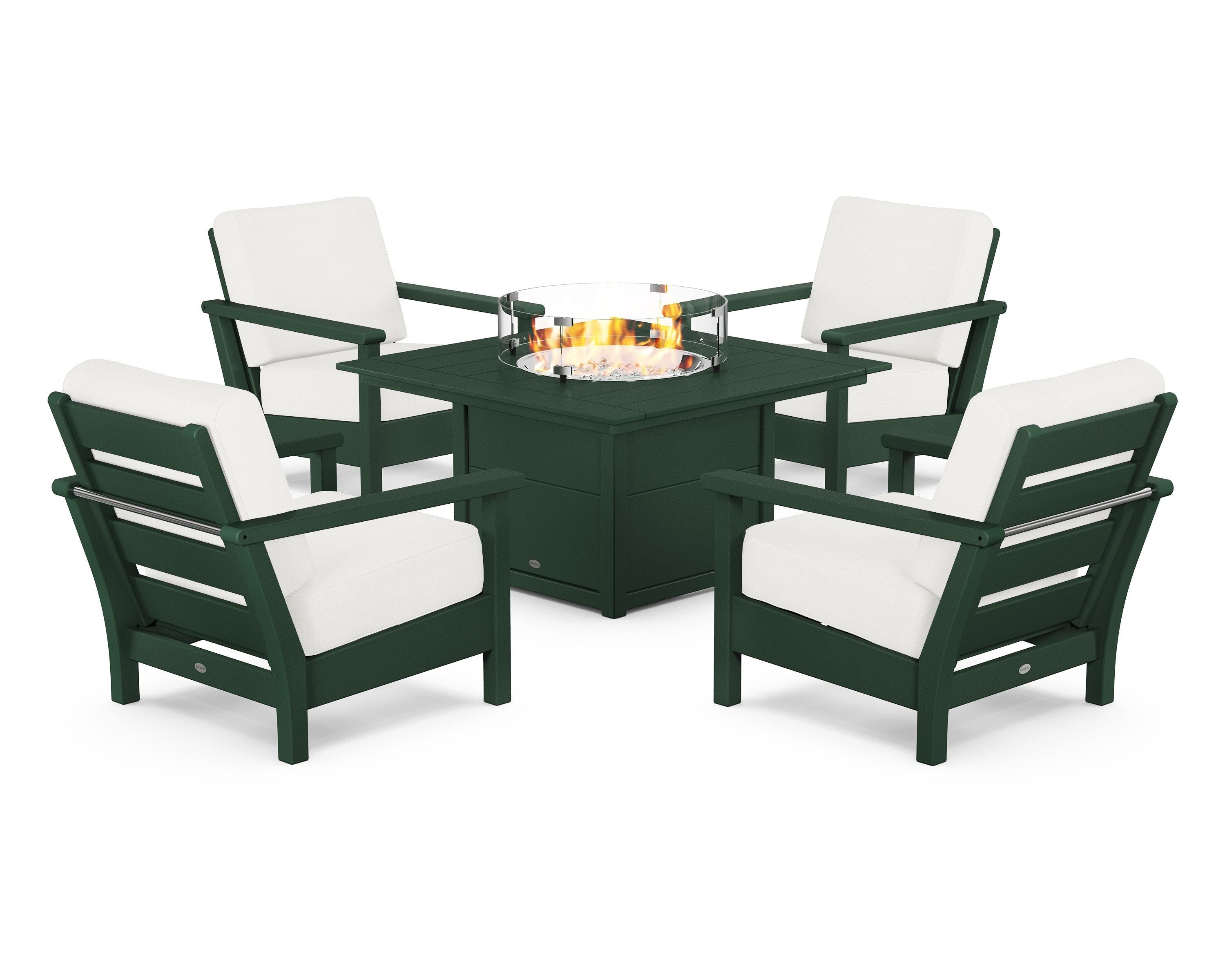 POLYWOOD® Harbour 5-Piece Conversation Set with Fire Pit Table in Green / Natural Linen
