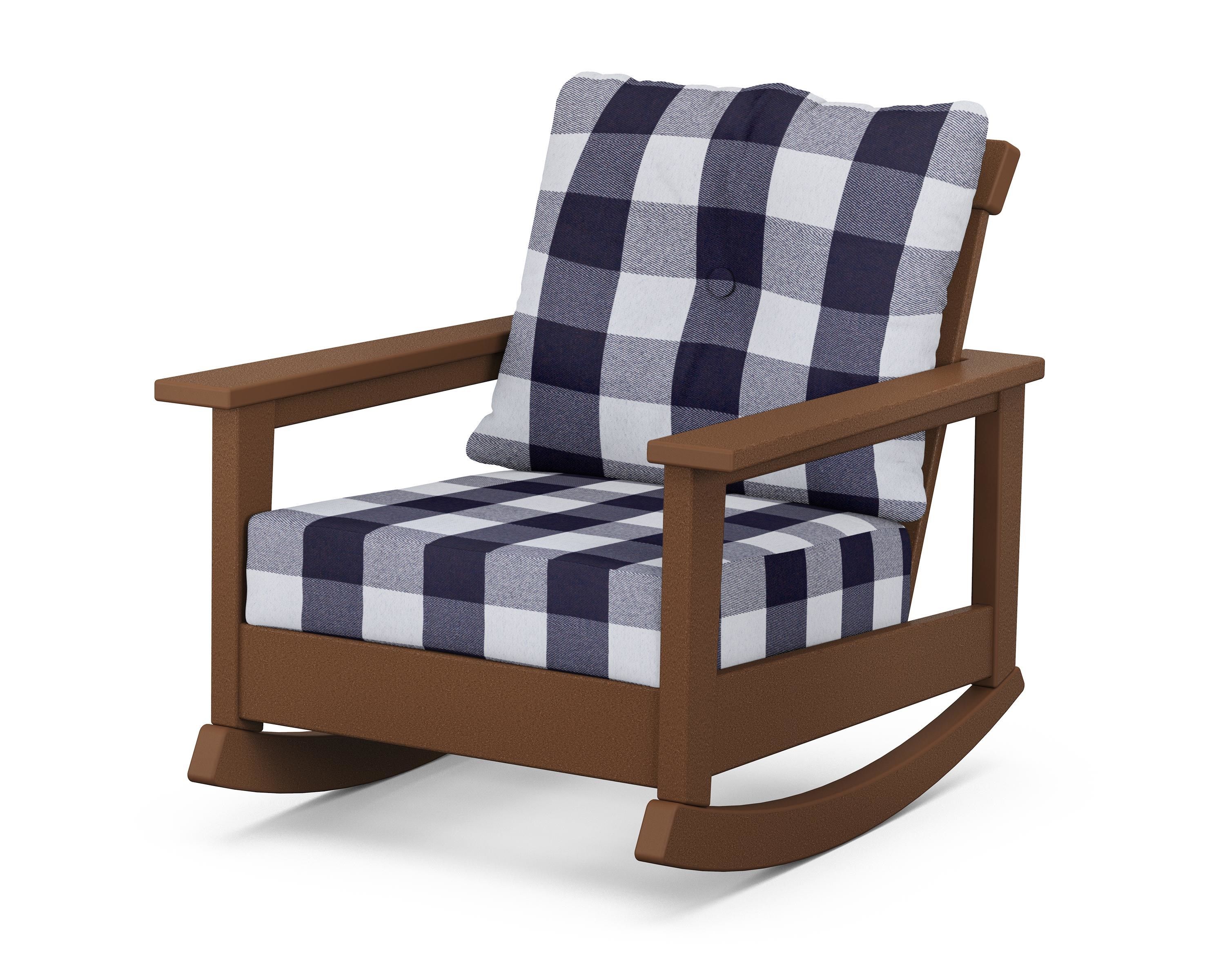 POLYWOOD® Prescott Deep Seating Rocking Chair in Teak / Buffalo Plaid Navy