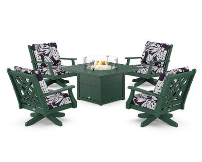 Country Living Wovendale 5-Piece Deep Seating Swivel Conversation Set with Fire Pit Table in Green / Leaf Navy