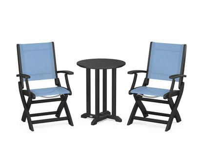POLYWOOD® Coastal Folding 3-Piece Round Bistro Dining Set in Black / Poolside Sling