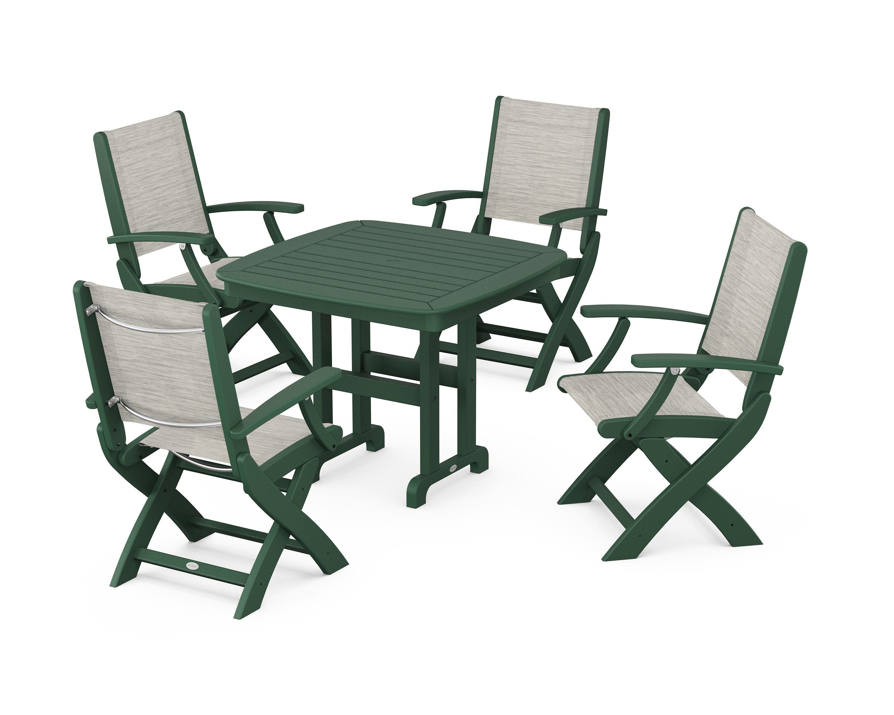 POLYWOOD® Coastal Folding Chair 5-Piece Dining Set in Green / Birch Sling