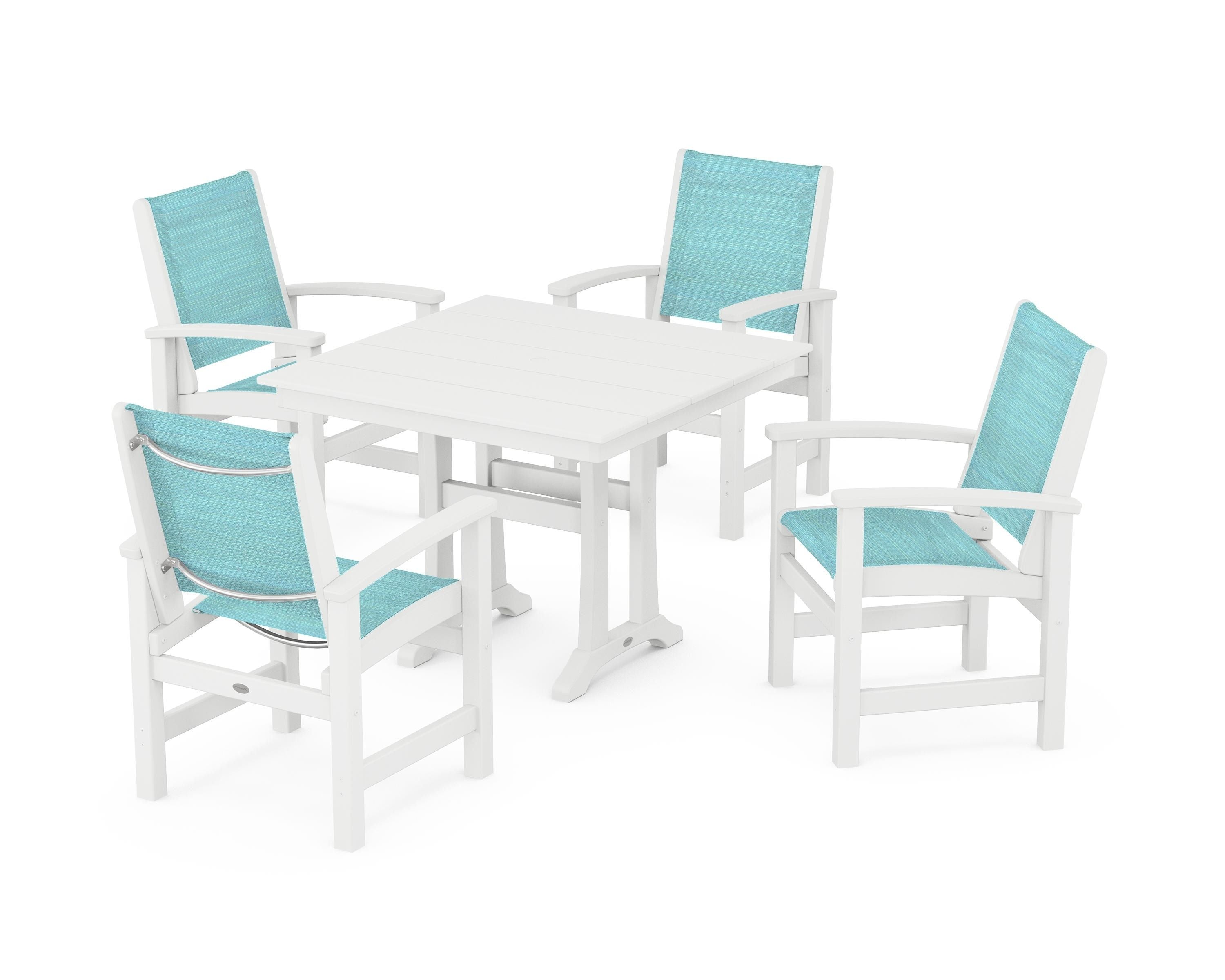 POLYWOOD® Coastal 5-Piece Farmhouse Dining Set With Trestle Legs in White / Dupioni Aquamarine Sling