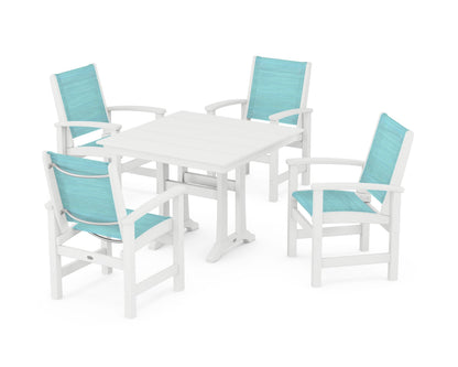 POLYWOOD® Coastal 5-Piece Farmhouse Dining Set With Trestle Legs in White / Dupioni Aquamarine Sling