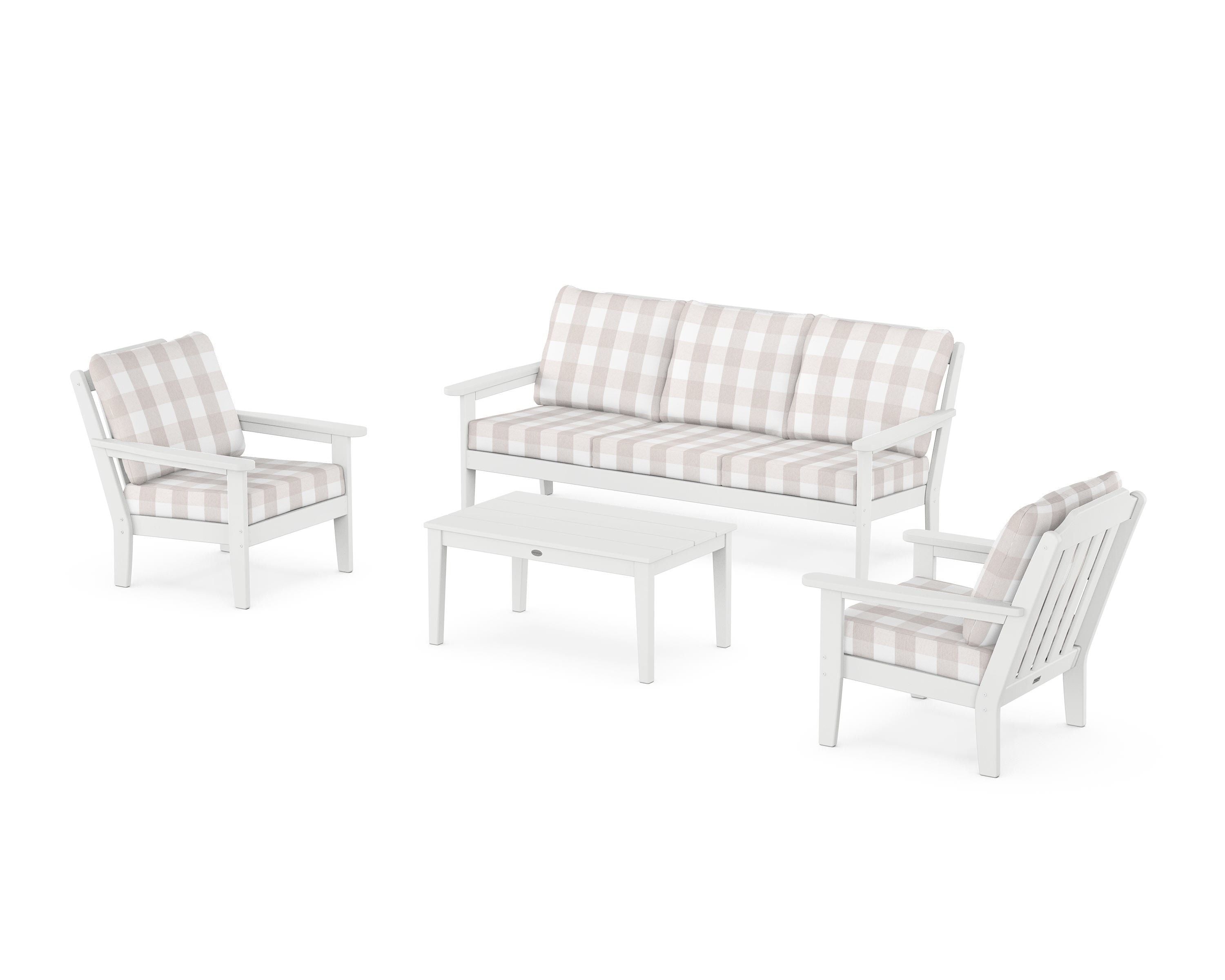 Country Living Cottage 4-Piece Deep Seating Set with Sofa in White / Buffalo Plaid Dune Burlap