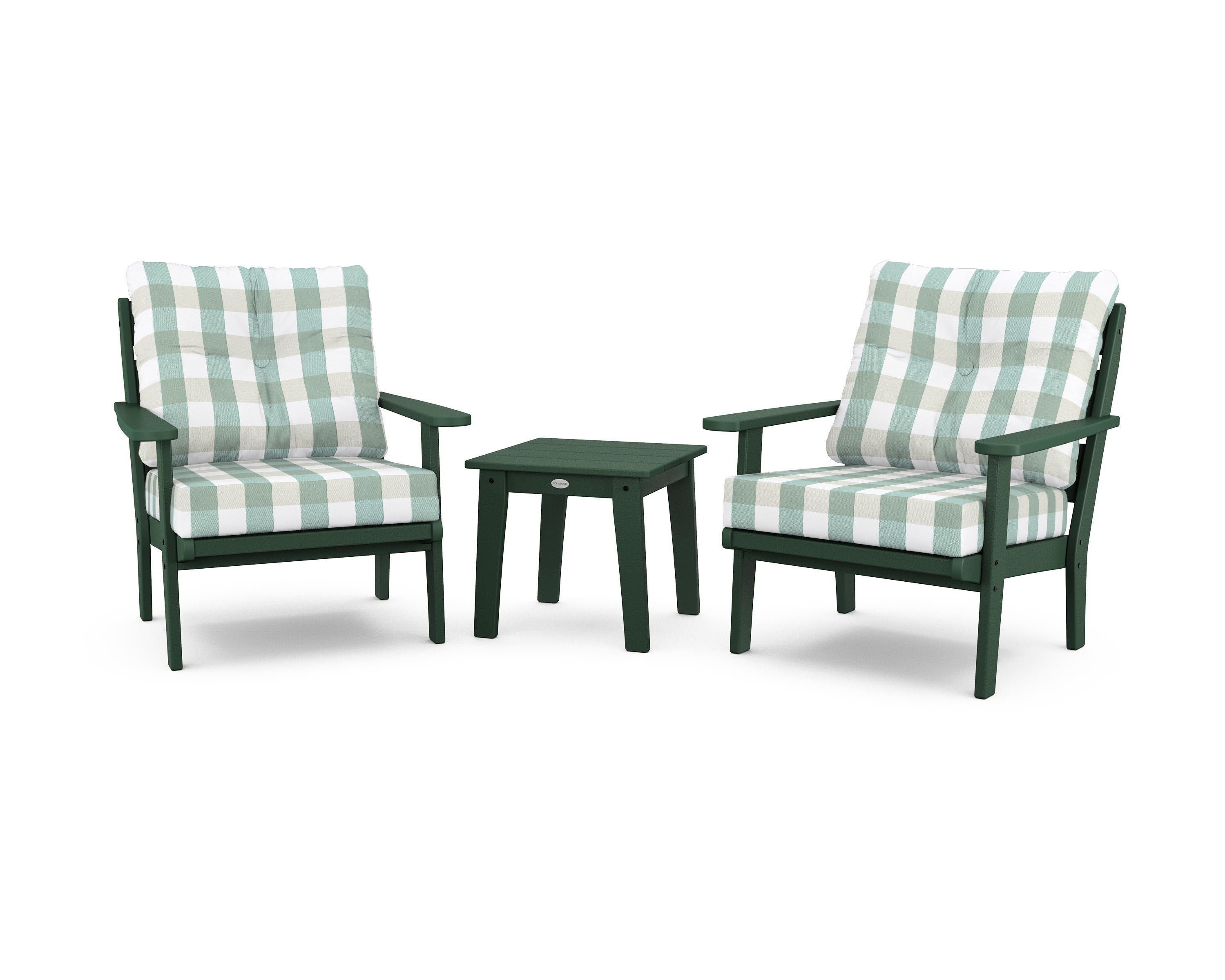 POLYWOOD® Lakeside 3-Piece Deep Seating Chair Set in Green / Buffalo Plaid Glacier Spa