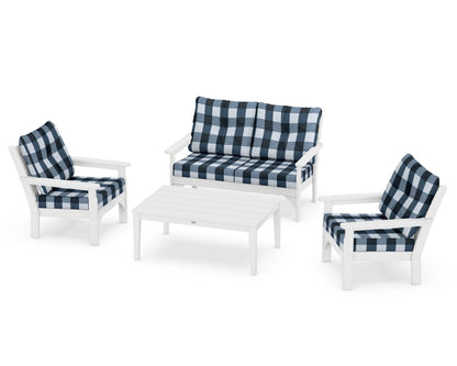 POLYWOOD® Vineyard 4-Piece Deep Seating Set in White / Buffalo Plaid Marine Indigo