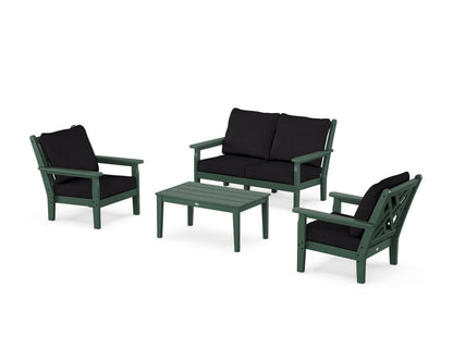 POLYWOOD® Chippendale 4-Piece Deep Seating Set with Loveseat in Green / Midnight Linen