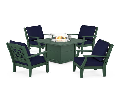 Martha Stewart by POLYWOOD® Chinoiserie 5-Piece Deep Seating Set with Fire Pit Table in Green / Navy