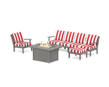 POLYWOOD® Braxton Sectional Lounge and Fire Pit Set in Slate Grey / Cabana Stripe Crimson
