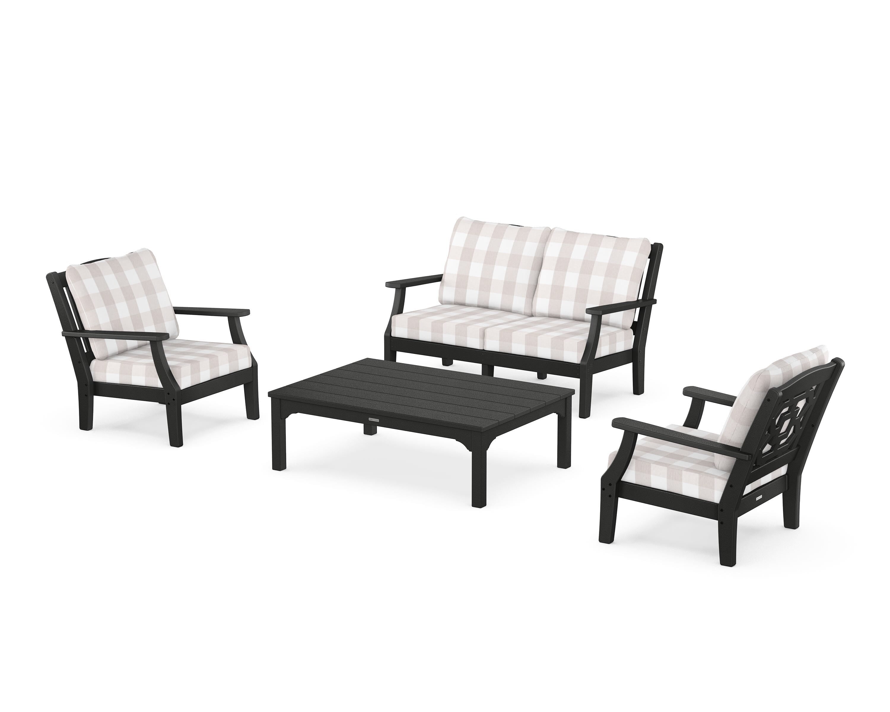 Martha Stewart by POLYWOOD® Chinoiserie 4-Piece Deep Seating Set with Loveseat in Black / Buffalo Plaid Dune Burlap