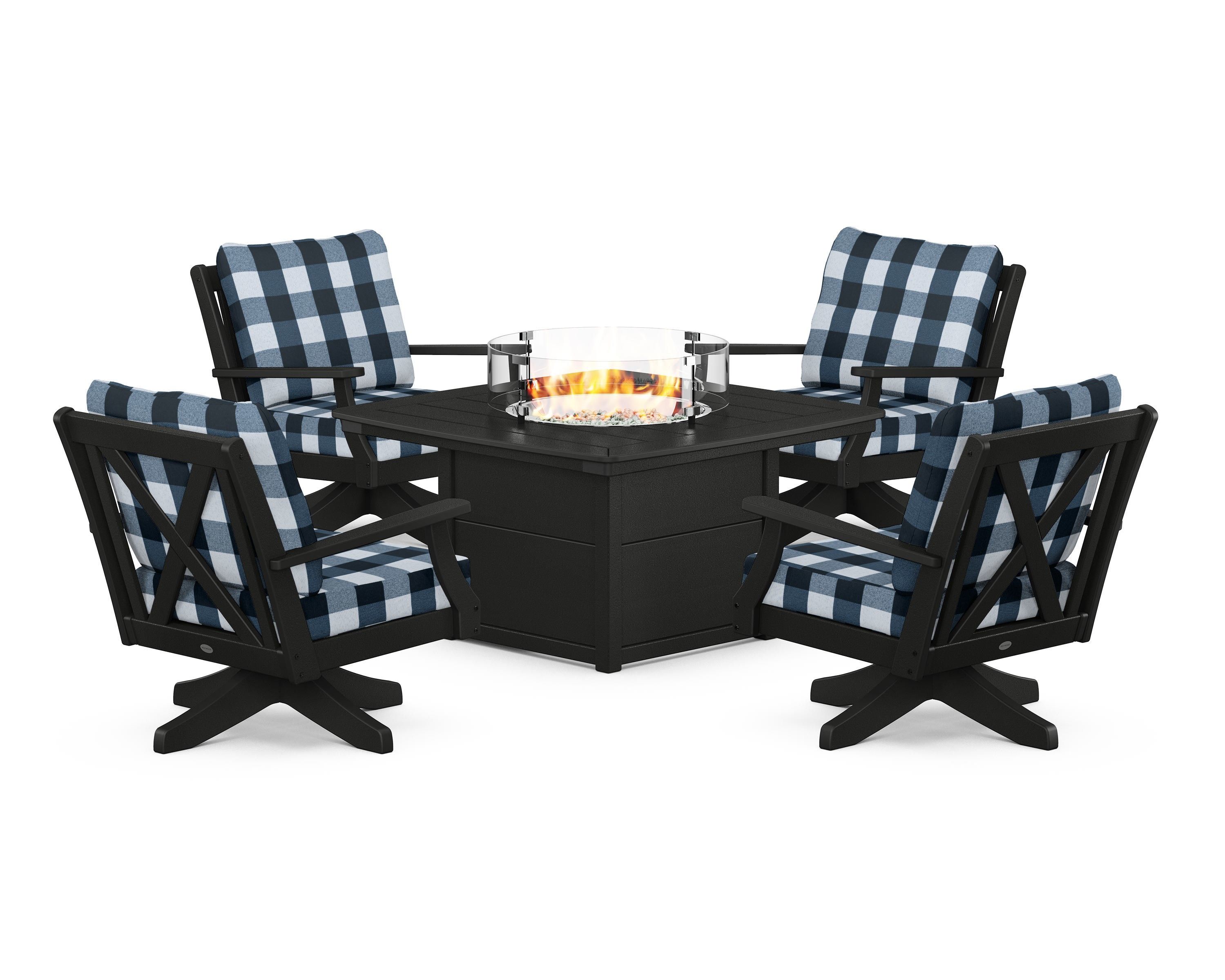 POLYWOOD® Braxton 5-Piece Deep Seating Swivel Conversation Set with Fire Pit Table in Black / Buffalo Plaid Marine Indigo