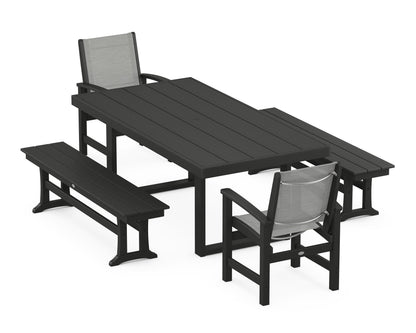 POLYWOOD® Coastal 5-Piece Dining Set with Trestle Legs in Black / Metallic Sling