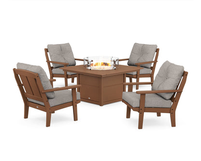 POLYWOOD® Mission 5-Piece Deep Seating Set with Fire Pit Table in Teak / Weathered Tweed