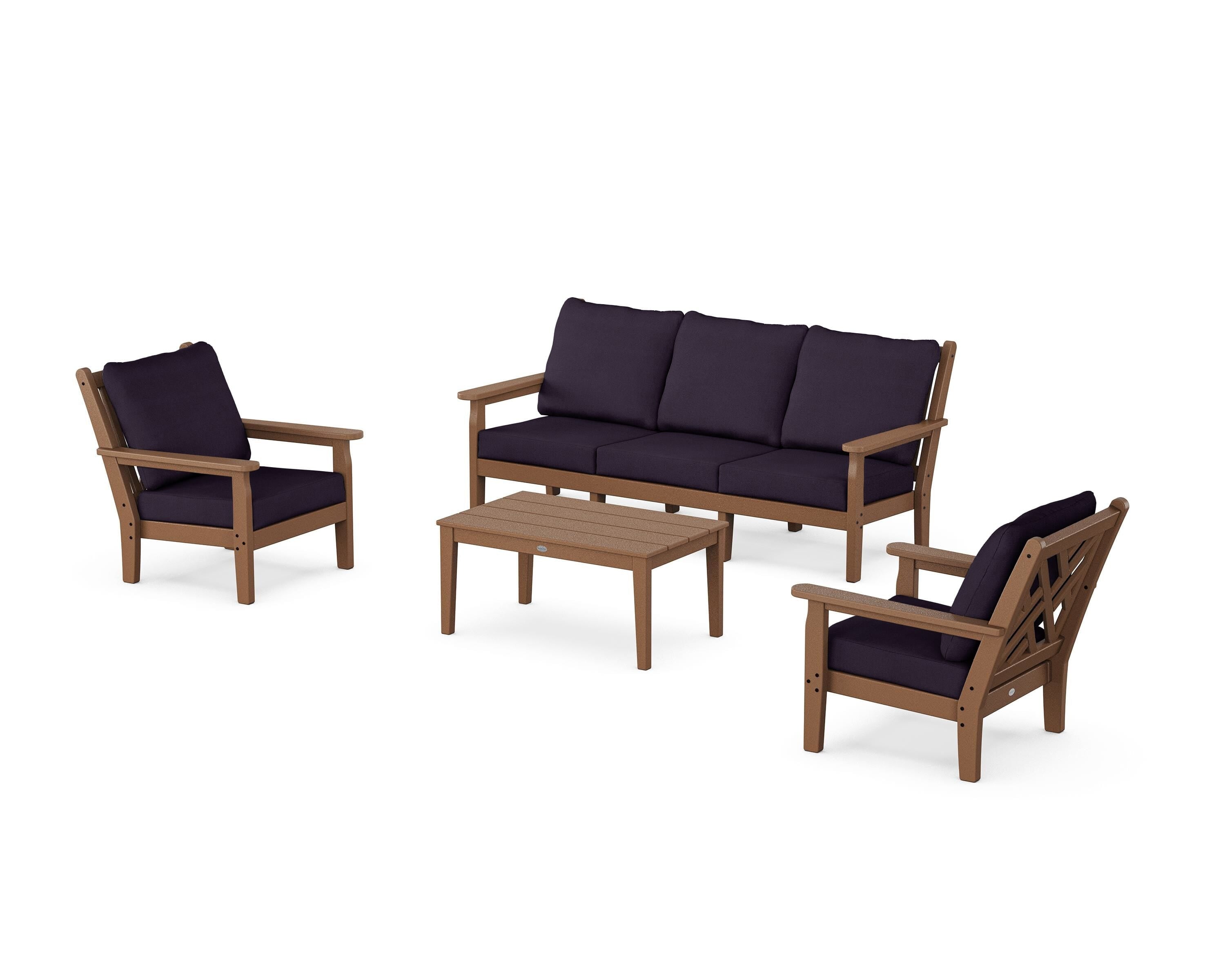 POLYWOOD® Chippendale 4-Piece Deep Seating Set with Sofa in Teak / Navy Linen