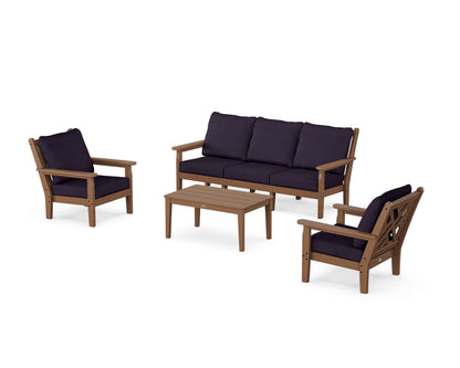 POLYWOOD® Chippendale 4-Piece Deep Seating Set with Sofa in Teak / Navy Linen