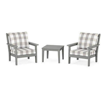 POLYWOOD® Chippendale 3-Piece Deep Seating Set in Slate Grey / Buffalo Plaid Grey Mist