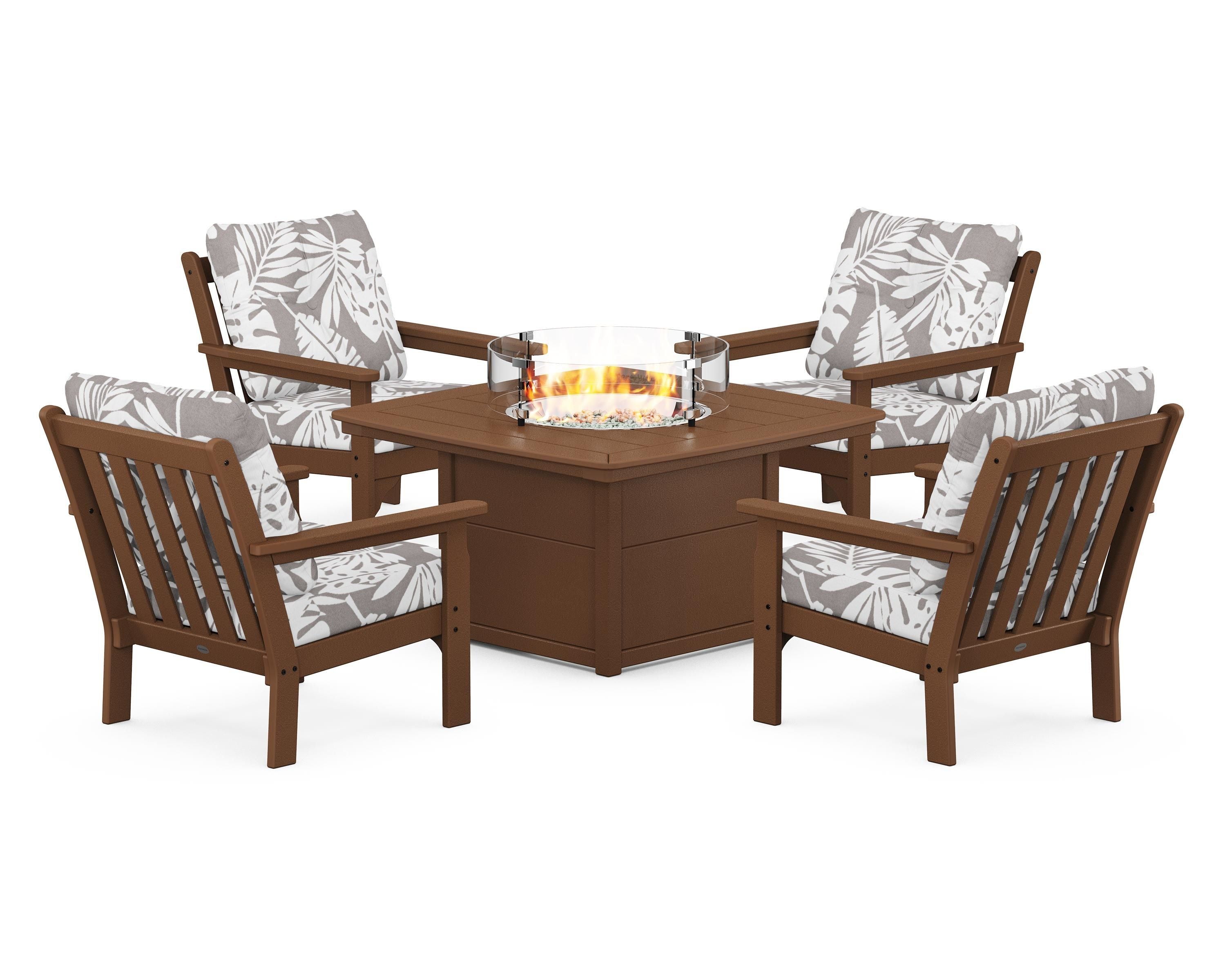 POLYWOOD® Vineyard 5-Piece Conversation Set with Fire Pit Table in Teak / Leaf Grey Mist