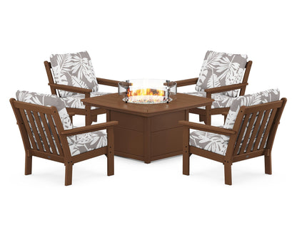 POLYWOOD® Vineyard 5-Piece Conversation Set with Fire Pit Table in Teak / Leaf Grey Mist