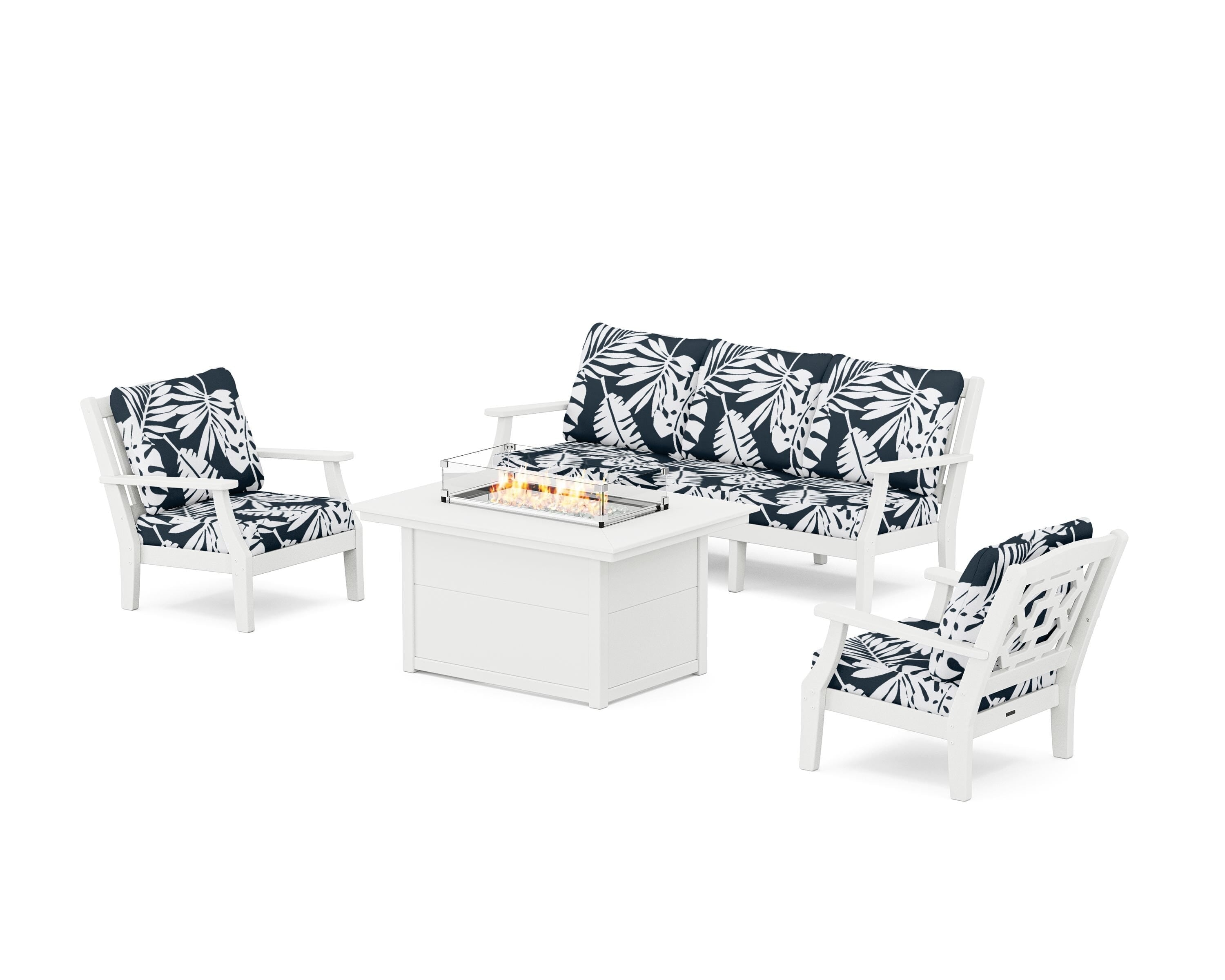 Martha Stewart by POLYWOOD® Chinoiserie Deep Seating Fire Pit Table Set in White / Leaf Marine Indigo