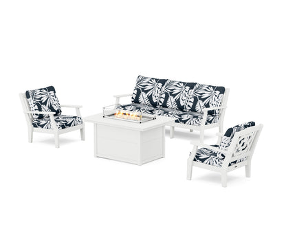 Martha Stewart by POLYWOOD® Chinoiserie Deep Seating Fire Pit Table Set in White / Leaf Marine Indigo
