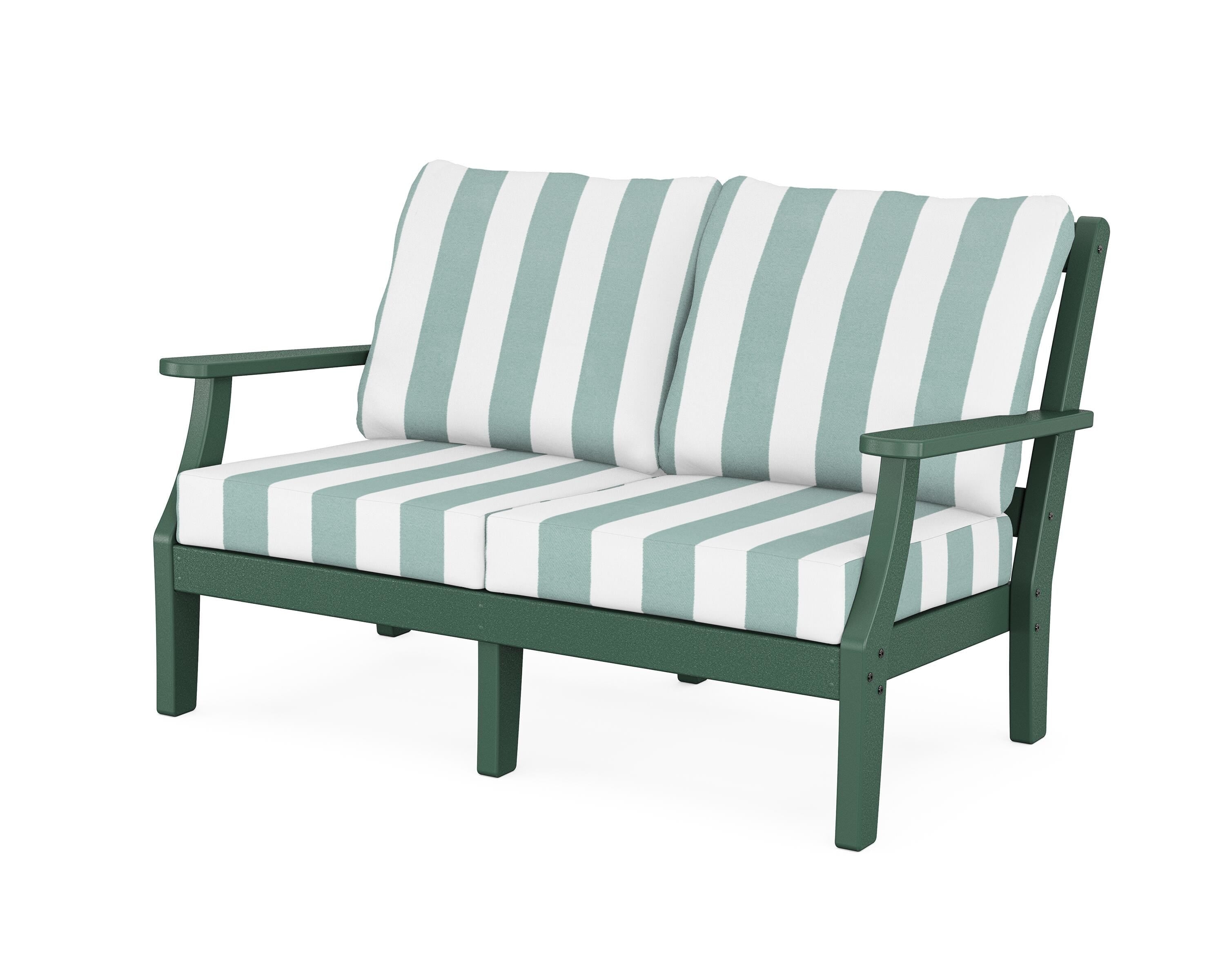 Martha Stewart by POLYWOOD® Chinoiserie Deep Seating Loveseat in Green / Cabana Stripe Glacier Spa