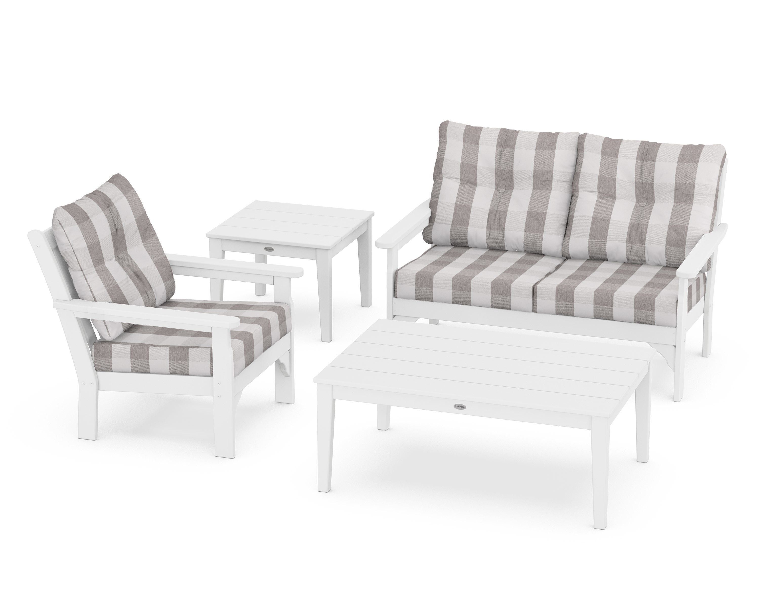 POLYWOOD® Vineyard 4-Piece Deep Seating Set in White / Buffalo Plaid Grey Mist