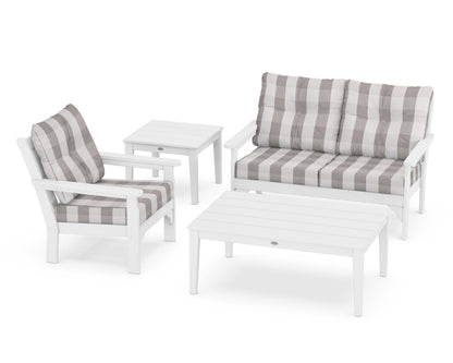 POLYWOOD® Vineyard 4-Piece Deep Seating Set in White / Buffalo Plaid Grey Mist