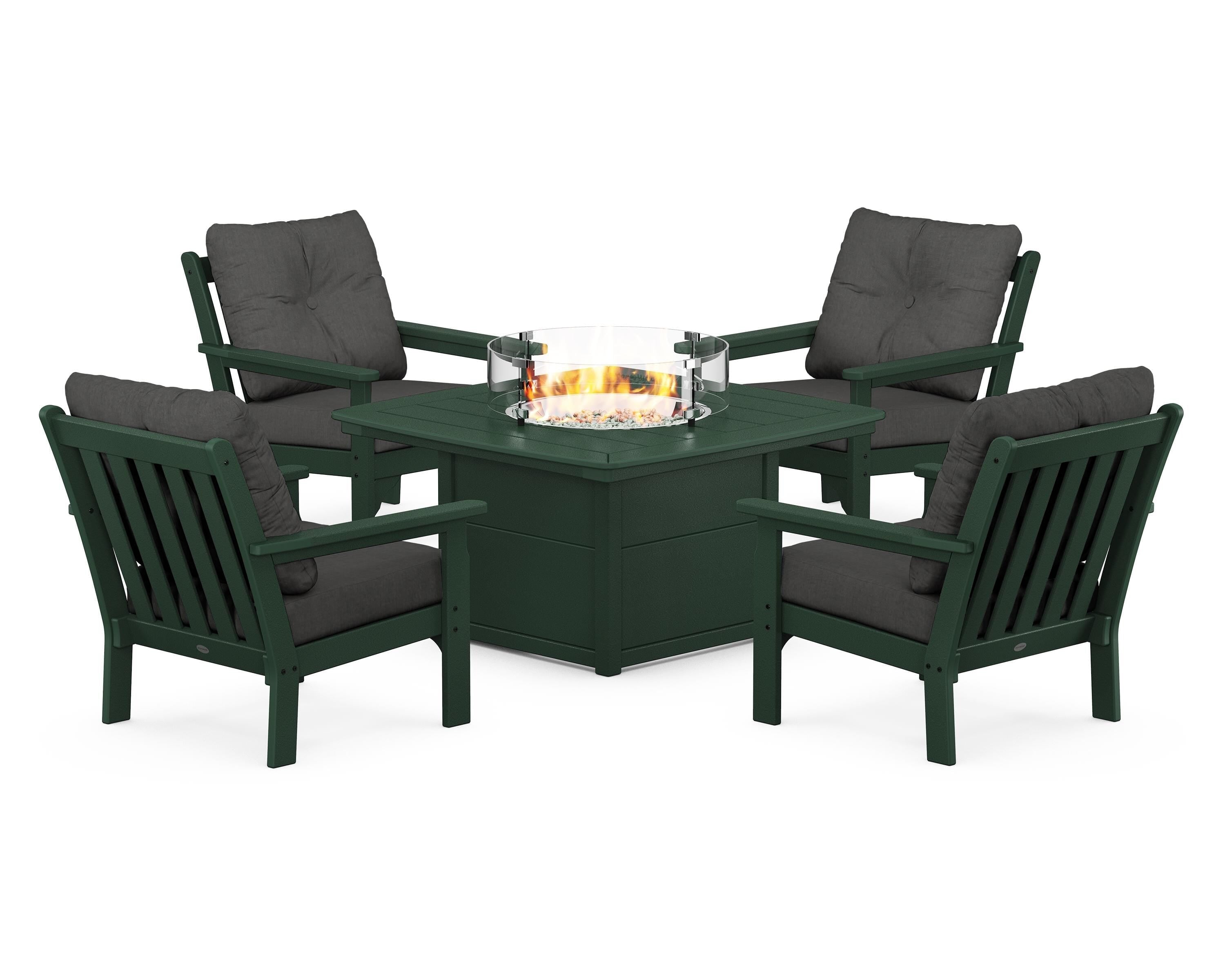 POLYWOOD® Vineyard 5-Piece Conversation Set with Fire Pit Table in Green / Spectrum Carbon