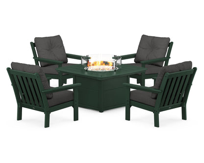 POLYWOOD® Vineyard 5-Piece Conversation Set with Fire Pit Table in Green / Spectrum Carbon