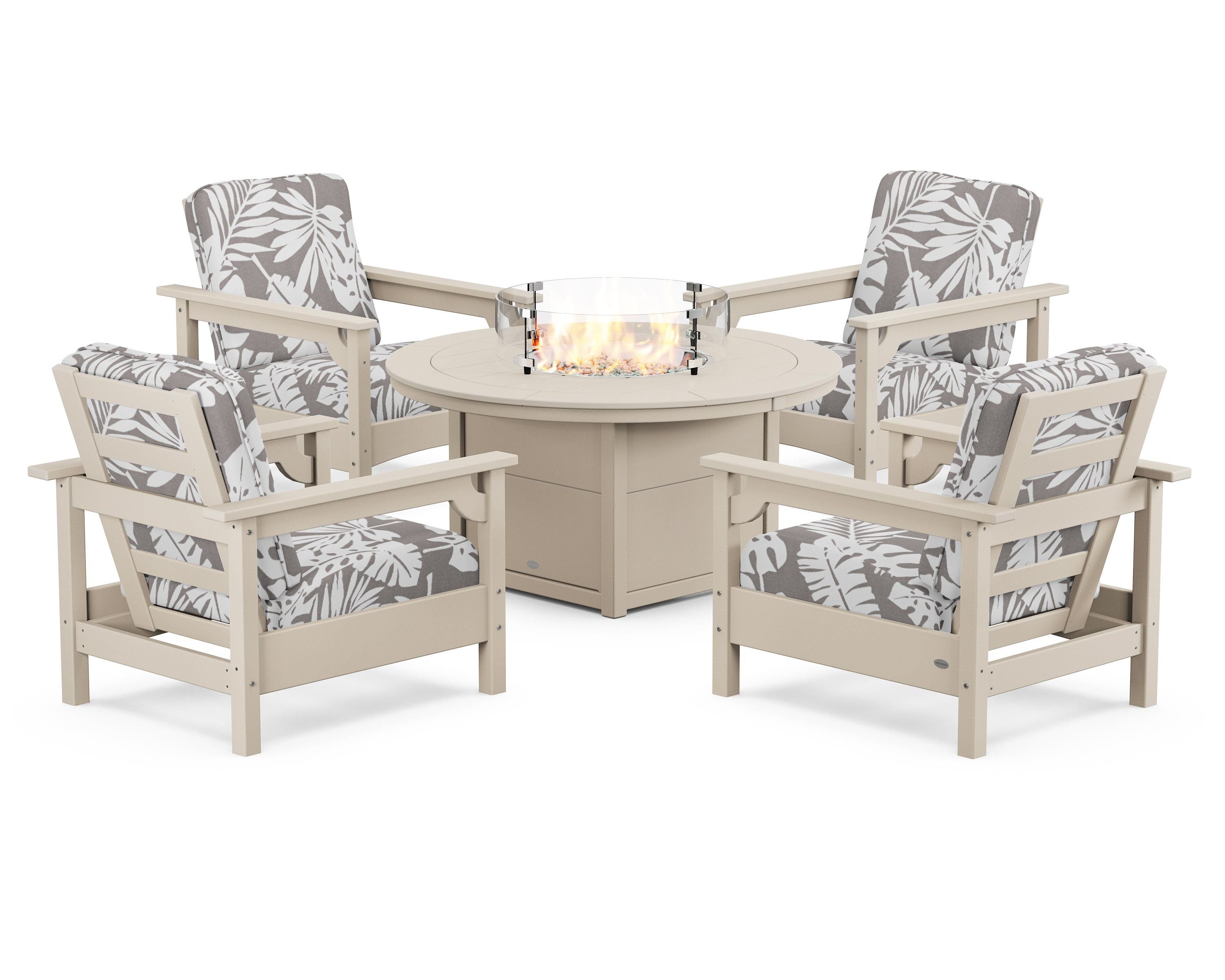 POLYWOOD® Club 5-Piece Conversation Set with Fire Pit Table in Sand / Leaf Grey Mist