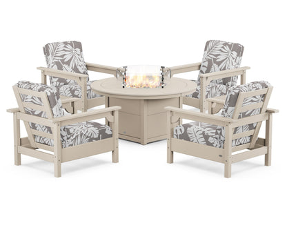 POLYWOOD® Club 5-Piece Conversation Set with Fire Pit Table in Sand / Leaf Grey Mist