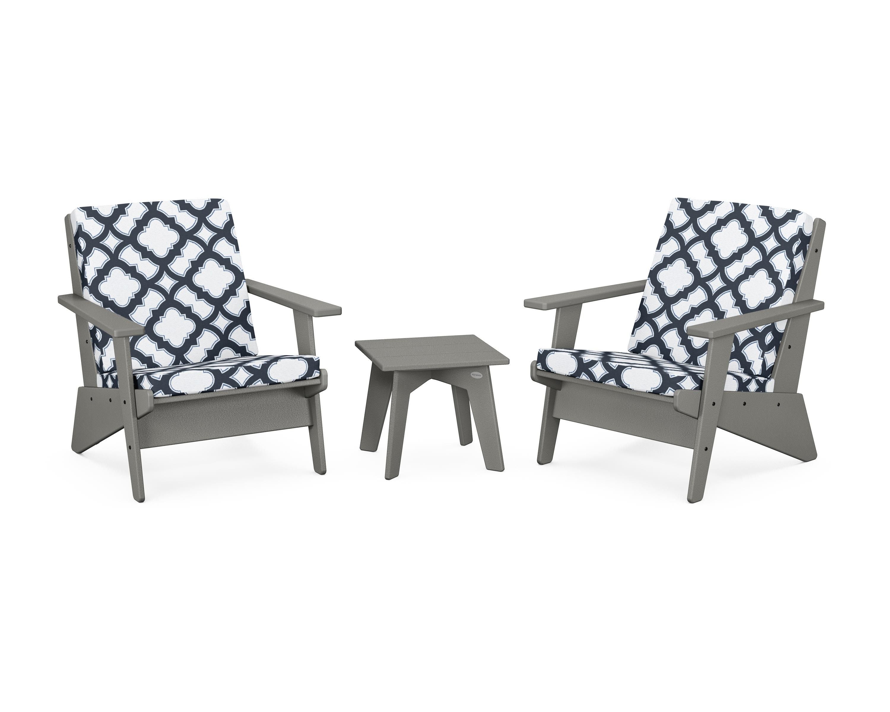 POLYWOOD® Riviera Modern Lounge 3-Piece Set in Slate Grey / Trellis Marine Indigo
