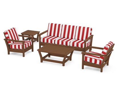POLYWOOD® Harbour 5-Piece Deep Seating Set in Teak / Cabana Stripe Crimson