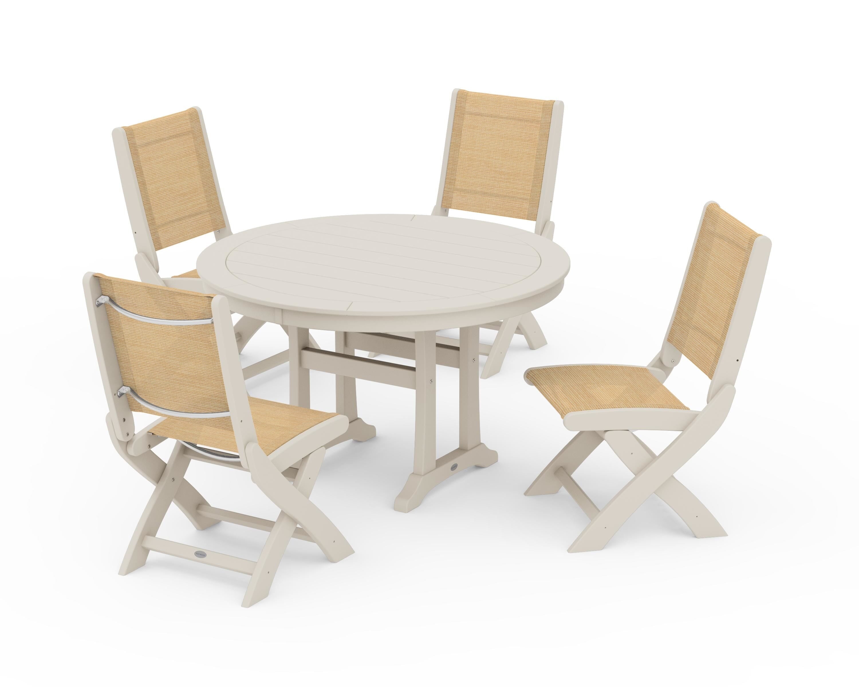 POLYWOOD® Coastal Folding Side Chair 5-Piece Round Dining Set With Trestle Legs in Sand / Dupioni Apricot Sling
