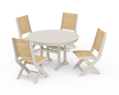 POLYWOOD® Coastal Folding Side Chair 5-Piece Round Dining Set With Trestle Legs in Sand / Dupioni Apricot Sling
